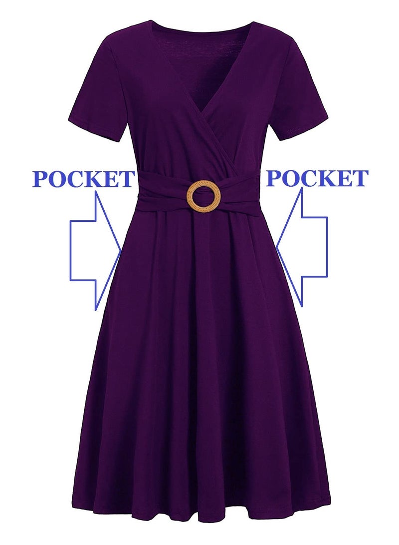 HELYO Vintage Dresses for Women Petite Elegant Criss-Cross V Neck Short Sleeve Casual Tea Fit and Flare Work Dress with Pockets 980 Purple M - Image 5