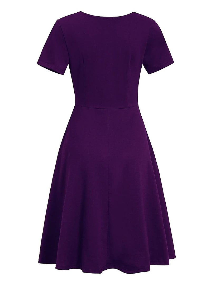 HELYO Vintage Dresses for Women Petite Elegant Criss-Cross V Neck Short Sleeve Casual Tea Fit and Flare Work Dress with Pockets 980 Purple M - Image 4