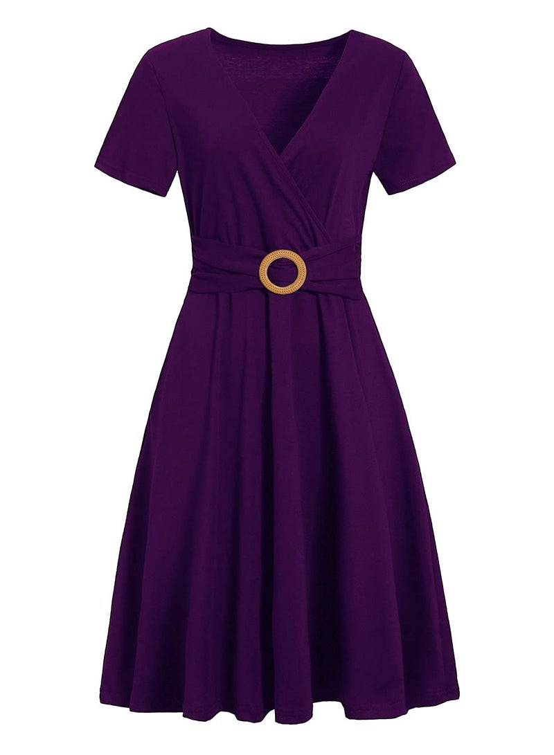 HELYO Vintage Dresses for Women Petite Elegant Criss-Cross V Neck Short Sleeve Casual Tea Fit and Flare Work Dress with Pockets 980 Purple M - Image 3