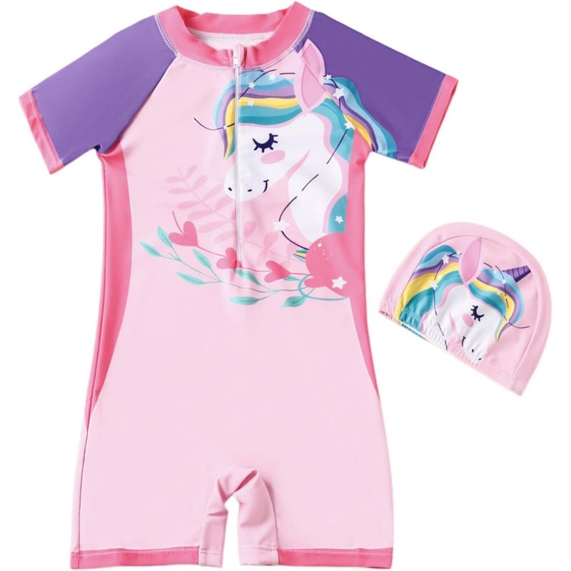 Girl One Pcs Swimsuit Sunsuit short Sleeve UPF 50+ Rash Guard Toddler Swimwear, Bathing Suit with Hat, Cute Charming Cartoon Prints, Infant Swimwear for Ages 2-10 - Image 1