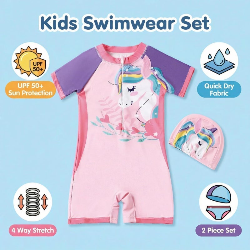 Girl One Pcs Swimsuit Sunsuit short Sleeve UPF 50+ Rash Guard Toddler Swimwear, Bathing Suit with Hat, Cute Charming Cartoon Prints, Infant Swimwear for Ages 2-10 - Image 5