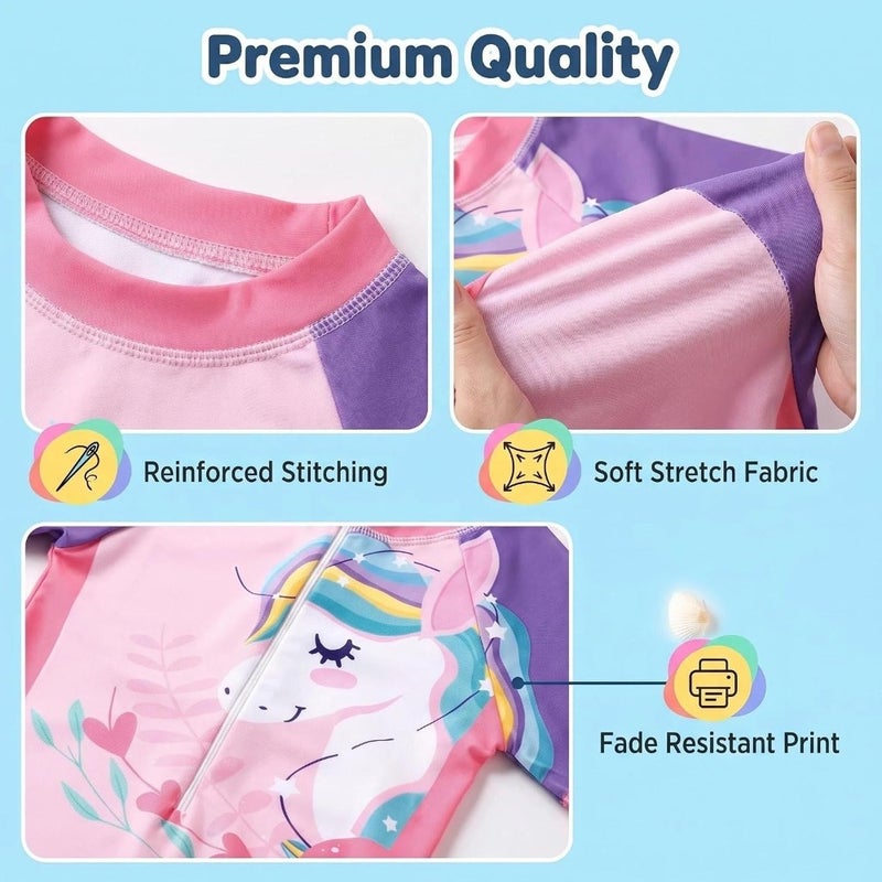 Girl One Pcs Swimsuit Sunsuit short Sleeve UPF 50+ Rash Guard Toddler Swimwear, Bathing Suit with Hat, Cute Charming Cartoon Prints, Infant Swimwear for Ages 2-10 - Image 4