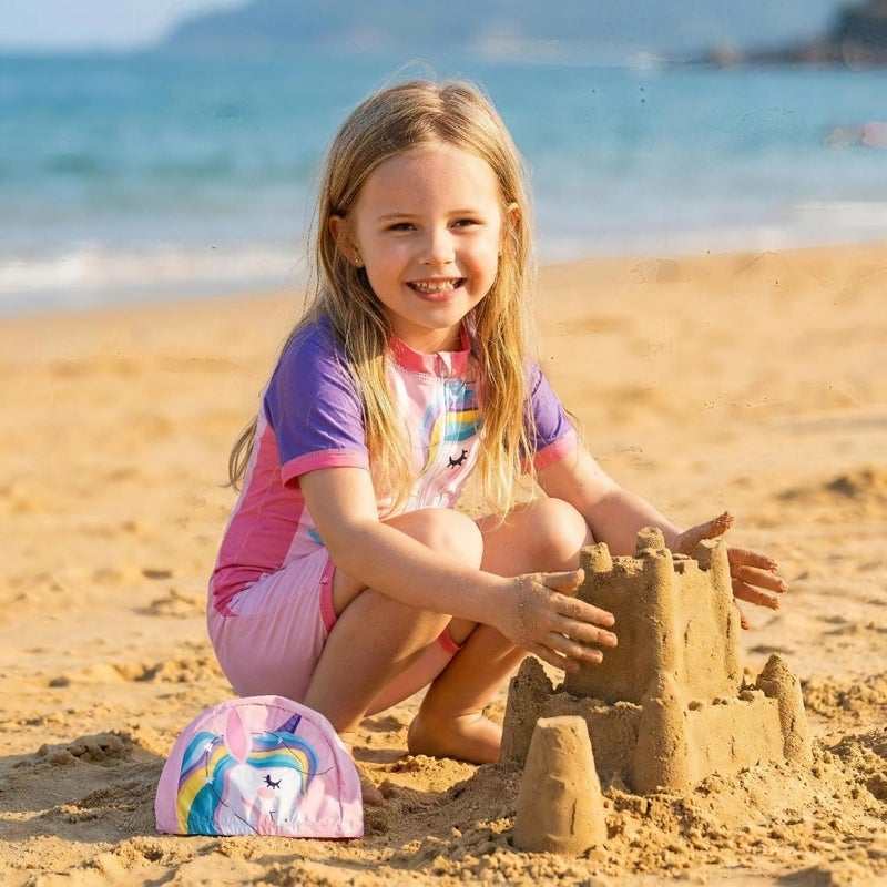Girl One Pcs Swimsuit Sunsuit short Sleeve UPF 50+ Rash Guard Toddler Swimwear, Bathing Suit with Hat, Cute Charming Cartoon Prints, Infant Swimwear for Ages 2-10 - Image 2