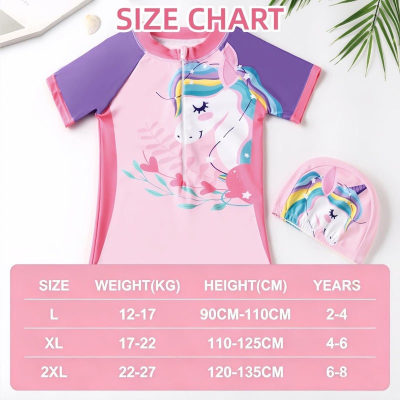 Girl One Pcs Swimsuit Sunsuit short Sleeve UPF 50+ Rash Guard Toddler Swimwear, Bathing Suit with Hat, Cute Charming Cartoon Prints, Infant Swimwear for Ages 2-10 - Image 3
