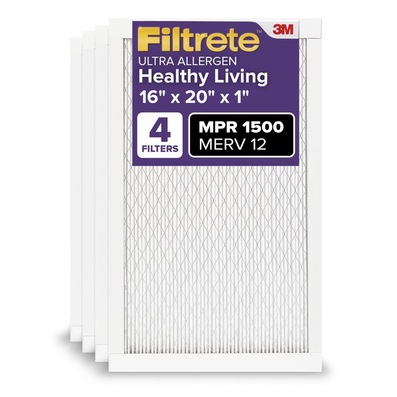 Filtrete 16x20x1 AC Furnace Air Filter MERV 12 MPR 1500 CERTIFIED asthma allergy friendly 3 Month Pleated 1Inch Electrostatic Air Cleaning Filter 4Pack Actual Size 1569 x 1969 x 078 in