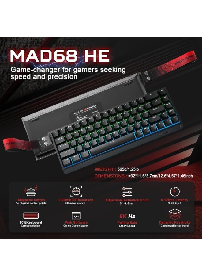 مادليونس MAD68 HE سريع الزناد المغناطيسي التبديل ألعاب لوحة المفاتيح، 65٪ RGB قابل للتعديل التشغيل قاعة تأثير فائقة السرعة 8K معدل استطلاع الرأي PBT كابس المفاتيح الساخنة تبادل لوحة المفاتيح الميكانيكية للكمبيوتر الشخصي / ماك لاعب (أسود) - Image 2
