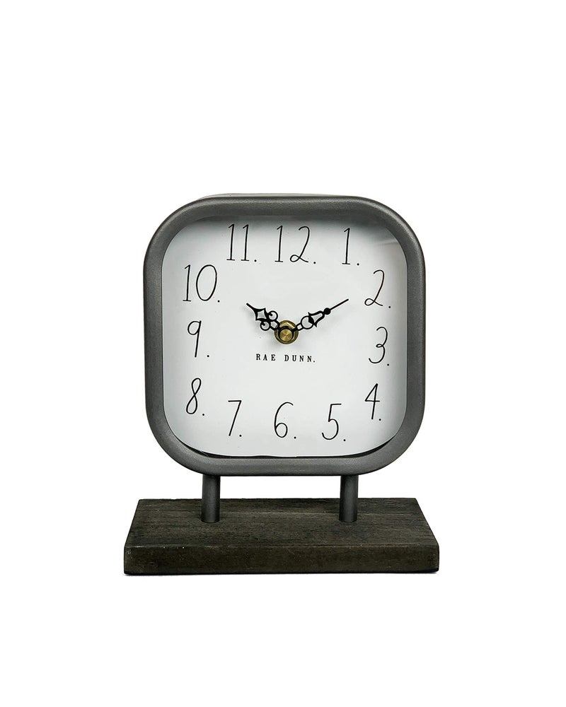 Rae Dunn Desk Clock Battery Operated Modern Metal Rustic Design with Wooden Base for Bedroom Office Kitchen Small Classic Analog Display Chic Home Dcor for Desktop Table Countertop