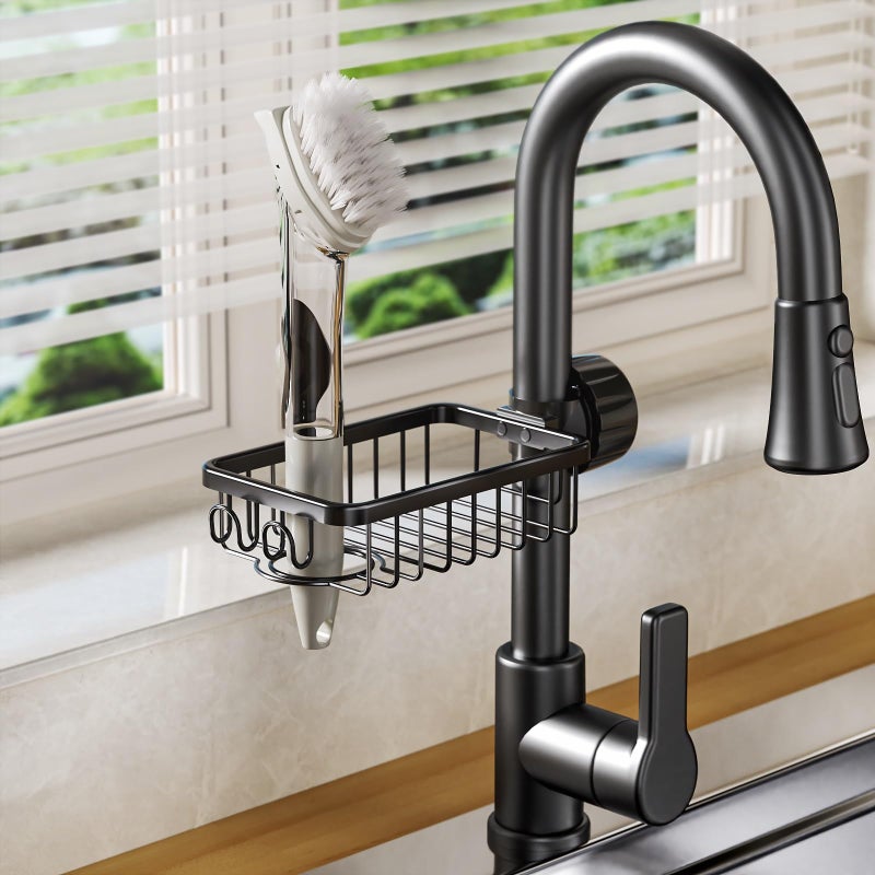 Lonin Sponge Holder Over Faucet Kitchen Sink Caddy Organizer  Stainless Steel Detachable Hanging Faucet Drain Rack For Bathroom  Scrubbers  Soap  (Black) - Image 4