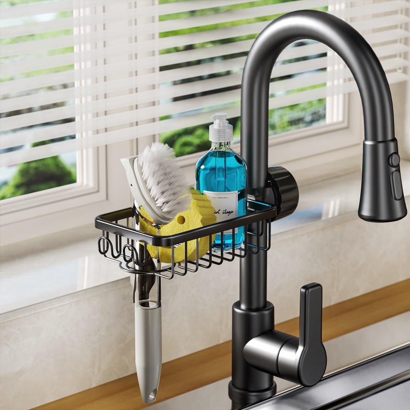 Lonin Sponge Holder Over Faucet Kitchen Sink Caddy Organizer  Stainless Steel Detachable Hanging Faucet Drain Rack For Bathroom  Scrubbers  Soap  (Black) - Image 3