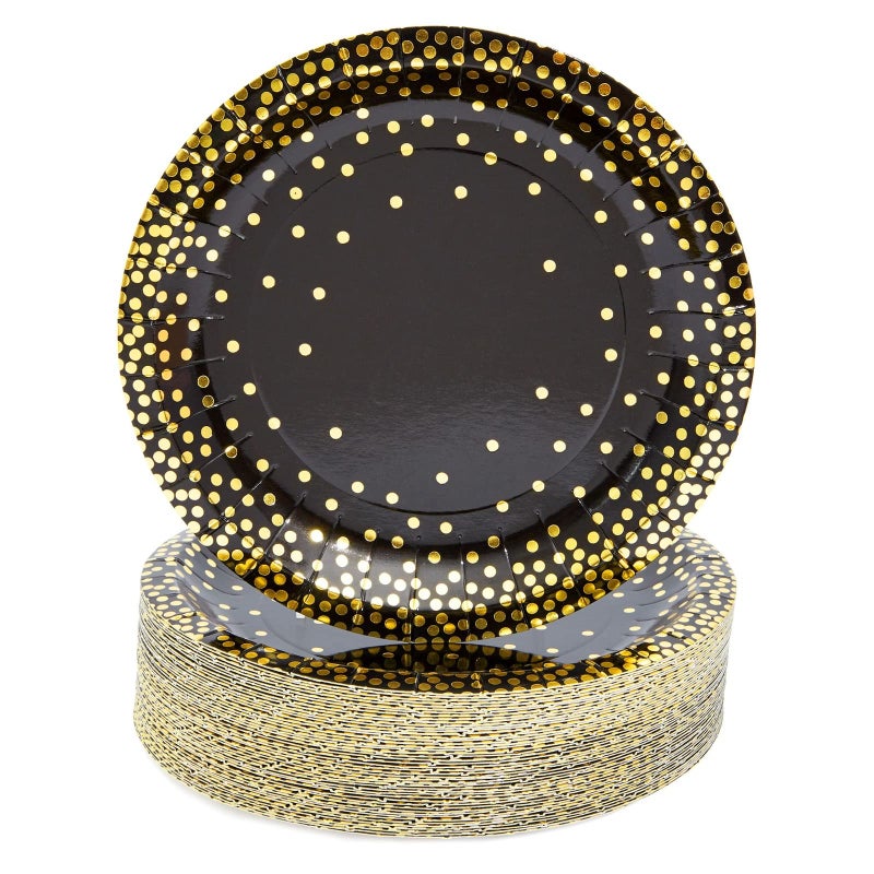 BLUE PANDA 80th Birthday Party Plates - 48-Pack, 7-Inch, Black & Gold - Disposable Paper Dessert Plates for Retirement & Over-The-Hill Celebrations - Gold Foil Polka Dot Design