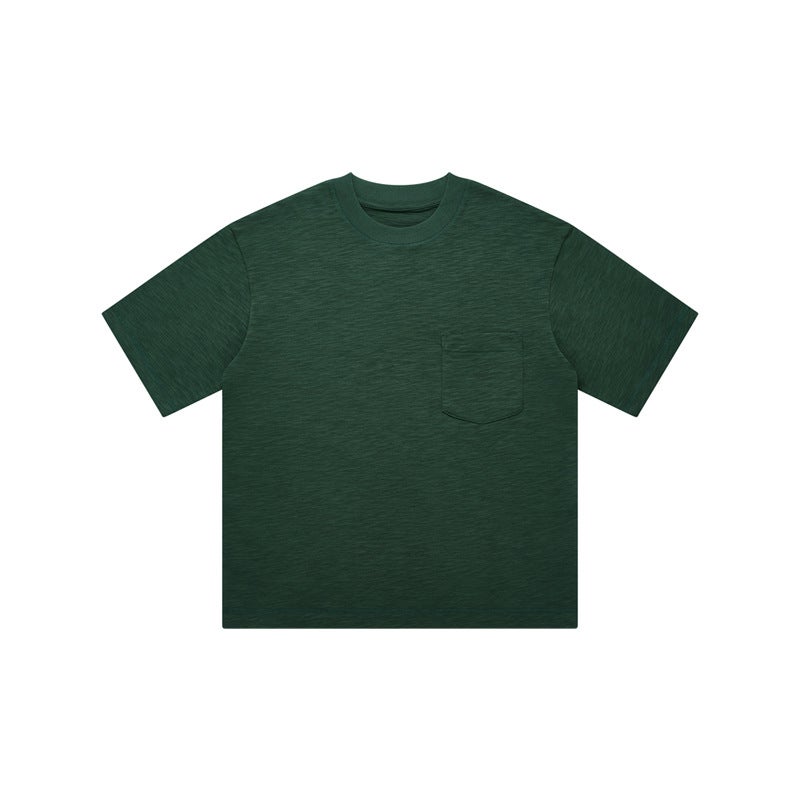 Spring and Summer Niche Design Top Line Chest Bag Wide Crewneck Short Sleeve T-shirt Womens Heavy Slub Cotton Texture Loose Half Sleeve dark dark green