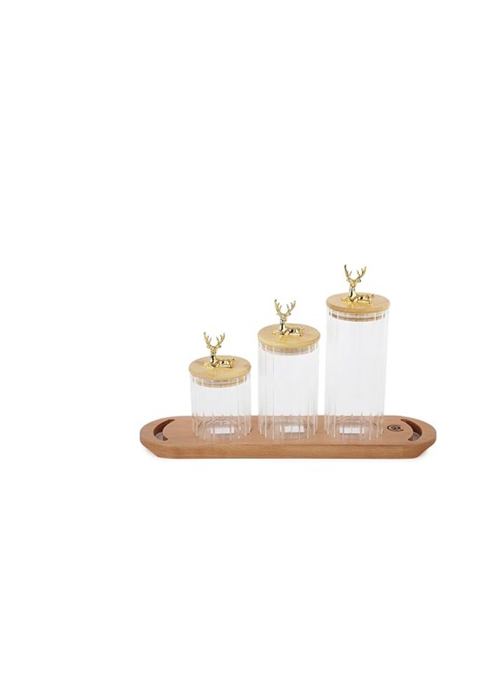 Deer Glass Storage Jar Set-Modern Decorative Glass Jars (3Pcs 500,800,1100ml)-With Beech Wood Tray - Image 1