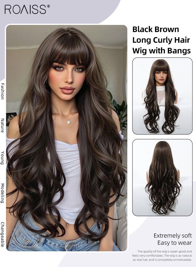 roaiss Black Brown Long Curly Hair Wig with Bangs, Women's Natural Soft Synthetic Heat Resistant Hair Wig with bangs for Wedding Cosplay Party Daily Wear, 76cm (30 inches) - Image 1