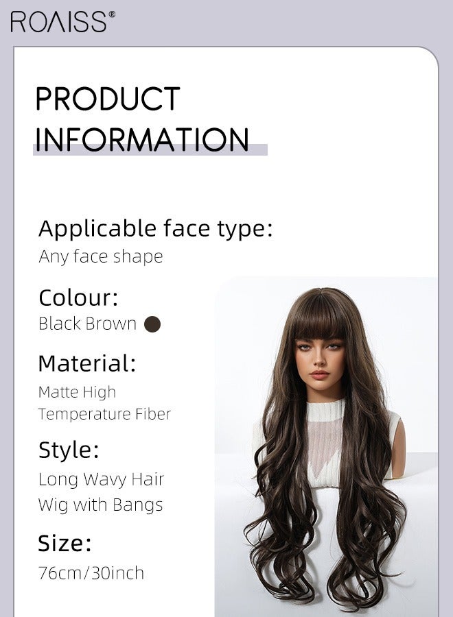 roaiss Black Brown Long Curly Hair Wig with Bangs, Women's Natural Soft Synthetic Heat Resistant Hair Wig with bangs for Wedding Cosplay Party Daily Wear, 76cm (30 inches) - Image 2