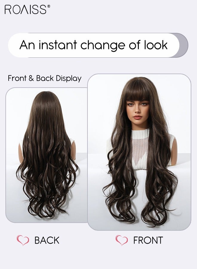 roaiss Black Brown Long Curly Hair Wig with Bangs, Women's Natural Soft Synthetic Heat Resistant Hair Wig with bangs for Wedding Cosplay Party Daily Wear, 76cm (30 inches) - Image 3