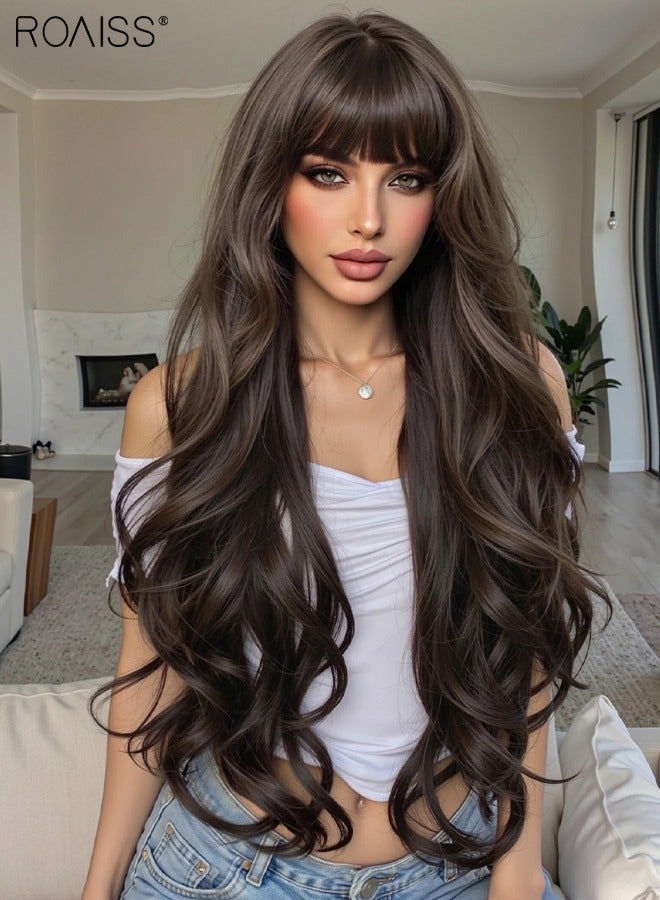 roaiss Black Brown Long Curly Hair Wig with Bangs, Women's Natural Soft Synthetic Heat Resistant Hair Wig with bangs for Wedding Cosplay Party Daily Wear, 76cm (30 inches) - Image 5