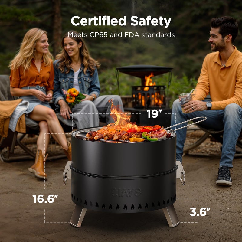 Ciays Smokeless Firepit, 19 Inch Fire Pit for Camping with Patented Technology, Portable Fire Pit for Outside with Steel Grill Rack, Fire Poker, and Bag, Easy Setup and Storage, Wood Burning (Black) - Image 4