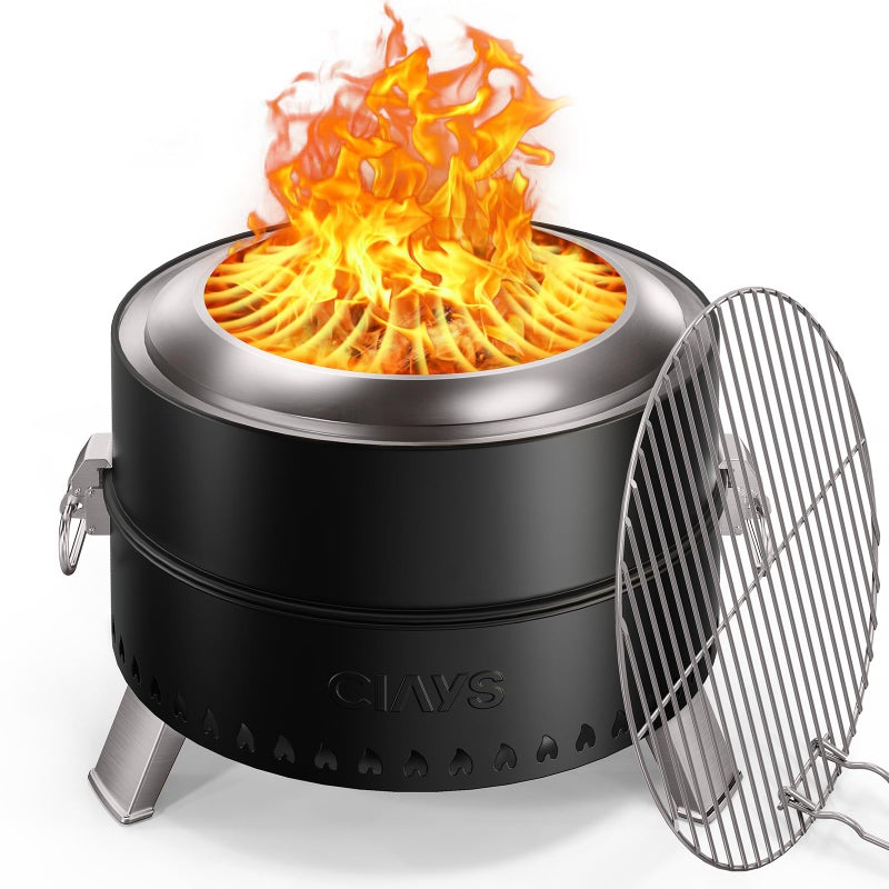 Ciays Smokeless Firepit, 19 Inch Fire Pit for Camping with Patented Technology, Portable Fire Pit for Outside with Steel Grill Rack, Fire Poker, and Bag, Easy Setup and Storage, Wood Burning (Black) - Image 1