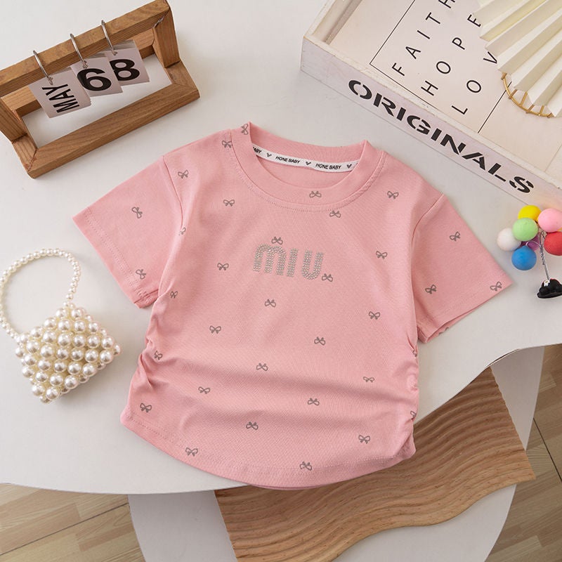 Girls' Summer Short-Sleeved T-Shirt Baby'S Western Style Children'S Personality Trendy Korean Style Bow Rhinestone Ice Silk Half-Sleeved Top - Image 1