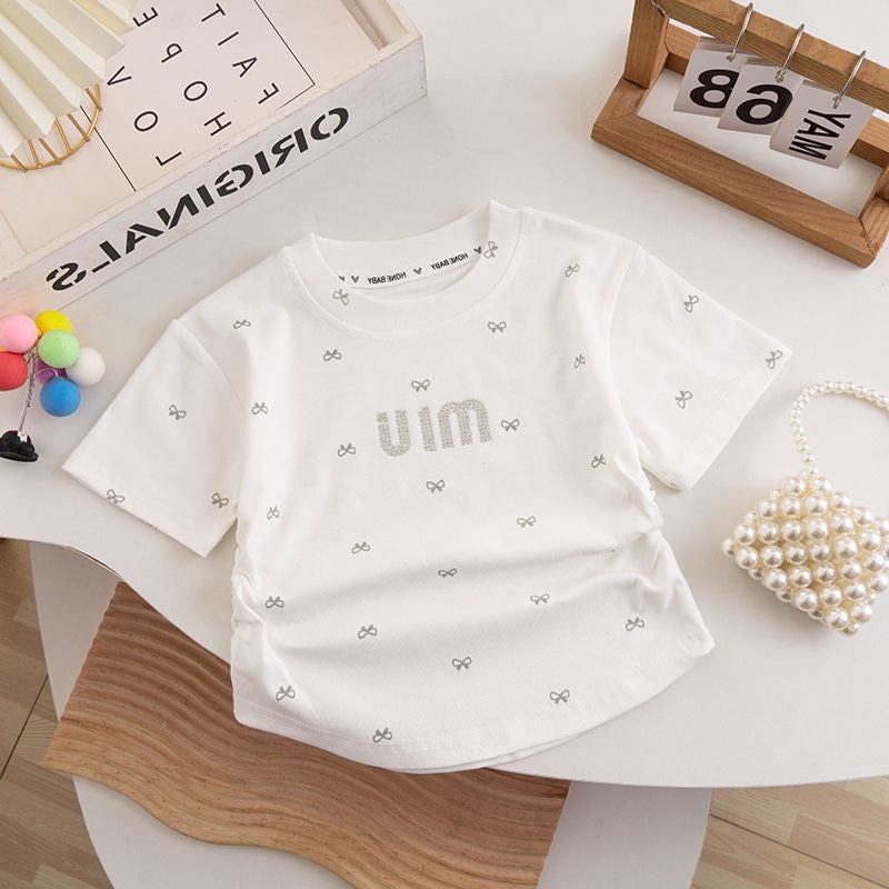 Girls' Summer Short-Sleeved T-Shirt Baby'S Western Style Children'S Personality Trendy Korean Style Bow Rhinestone Ice Silk Half-Sleeved Top - Image 5