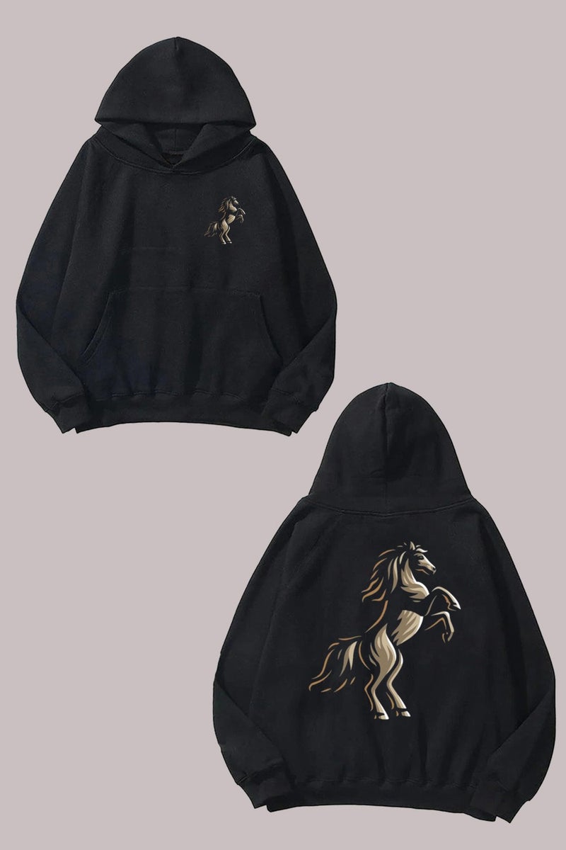 The Wert Unisex Prancing Horse Design Front Back Printed Regular Fit Black Sweatshirt - Image 1