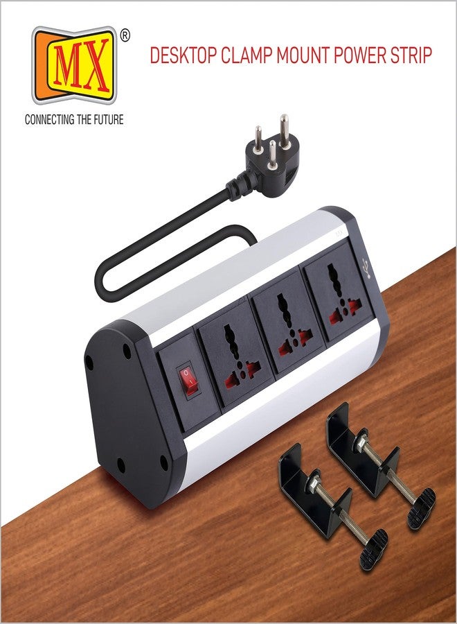 MX Desk Extension Board Switch Socket Fixer 6 Amp 3 Universal Sockets with 2 USB Charging Port Extension Board with Removable Desk Clamp - Power Strip for Desk Master Switch 3 Pin Plug Extension Cord - Image 2
