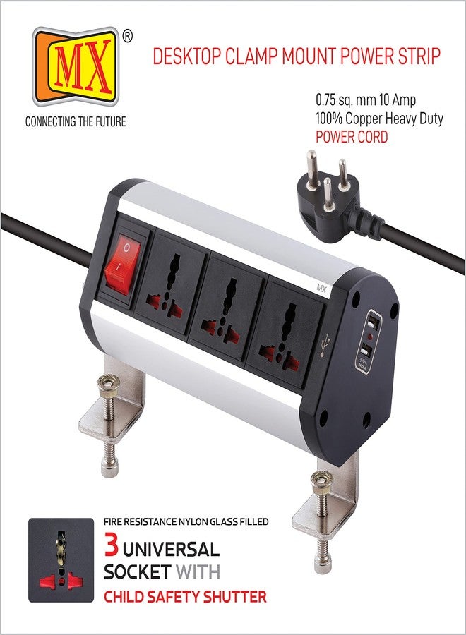 MX Desk Extension Board Switch Socket Fixer 6 Amp 3 Universal Sockets with 2 USB Charging Port Extension Board with Removable Desk Clamp - Power Strip for Desk Master Switch 3 Pin Plug Extension Cord - Image 4