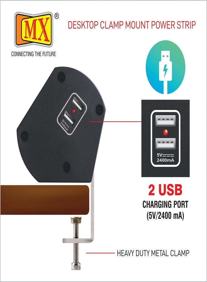 MX Desk Extension Board Switch Socket Fixer 6 Amp 3 Universal Sockets with 2 USB Charging Port Extension Board with Removable Desk Clamp - Power Strip for Desk Master Switch 3 Pin Plug Extension Cord - Image 5