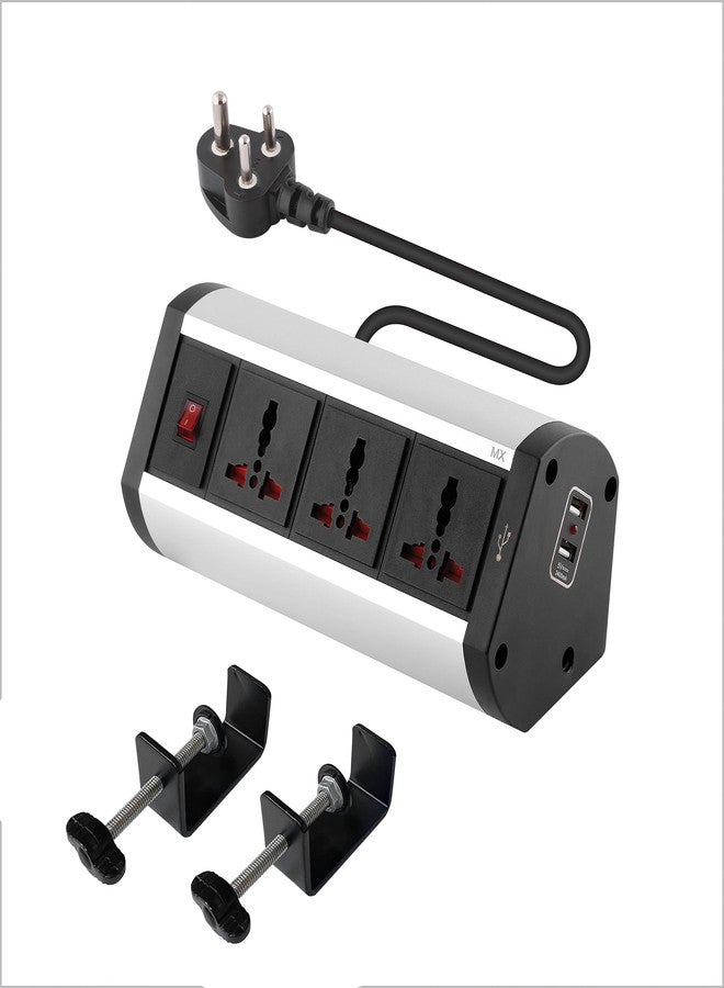 MX Desk Extension Board Switch Socket Fixer 6 Amp 3 Universal Sockets with 2 USB Charging Port Extension Board with Removable Desk Clamp - Power Strip for Desk Master Switch 3 Pin Plug Extension Cord - Image 1