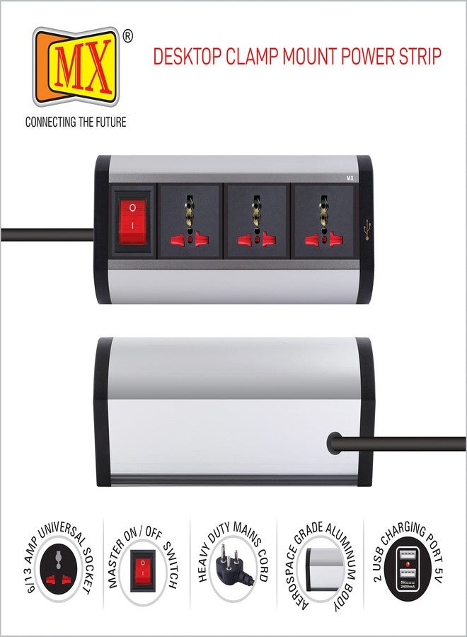 MX Desk Extension Board Switch Socket Fixer 6 Amp 3 Universal Sockets with 2 USB Charging Port Extension Board with Removable Desk Clamp - Power Strip for Desk Master Switch 3 Pin Plug Extension Cord - Image 3