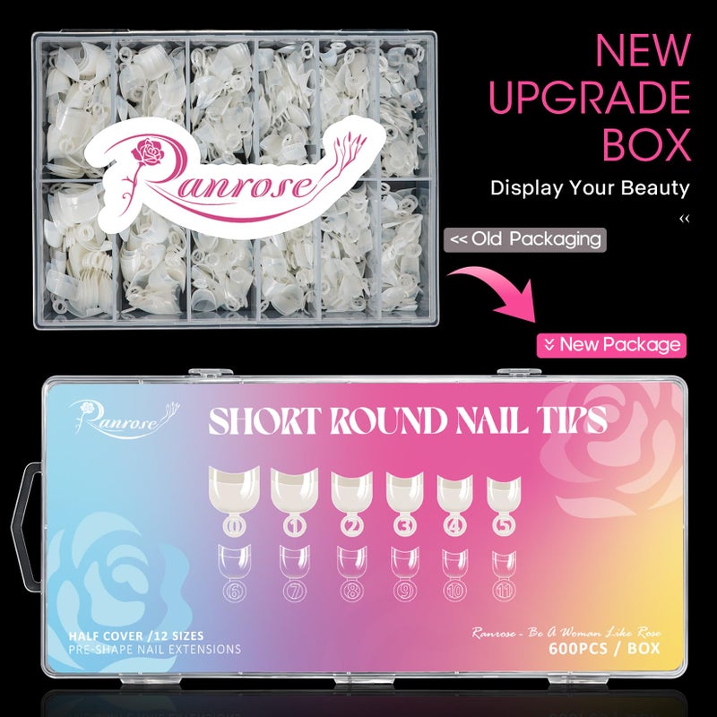 Ranrose 600pcs Short Nail Tips- Oval Half Cover False Tips 12 Sizes French Acrylic Nails for DIY Nail Salon - Image 2