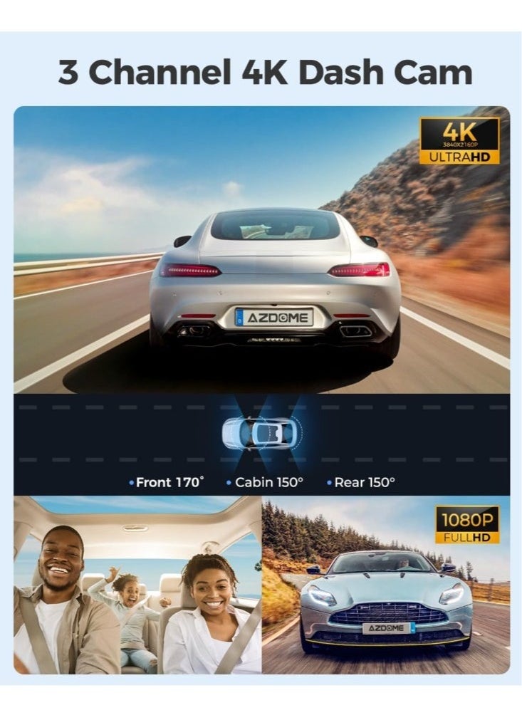 أزدوم كاميرا داش AZDOME GS63 Pro WiFi بدقة 4K أمامية وخلفية، كاميرا مزدوجة للسيارة بدقة 4K+1080P، مزودة بذاكرة مدمجة بسعة 128GB.  - Image 3