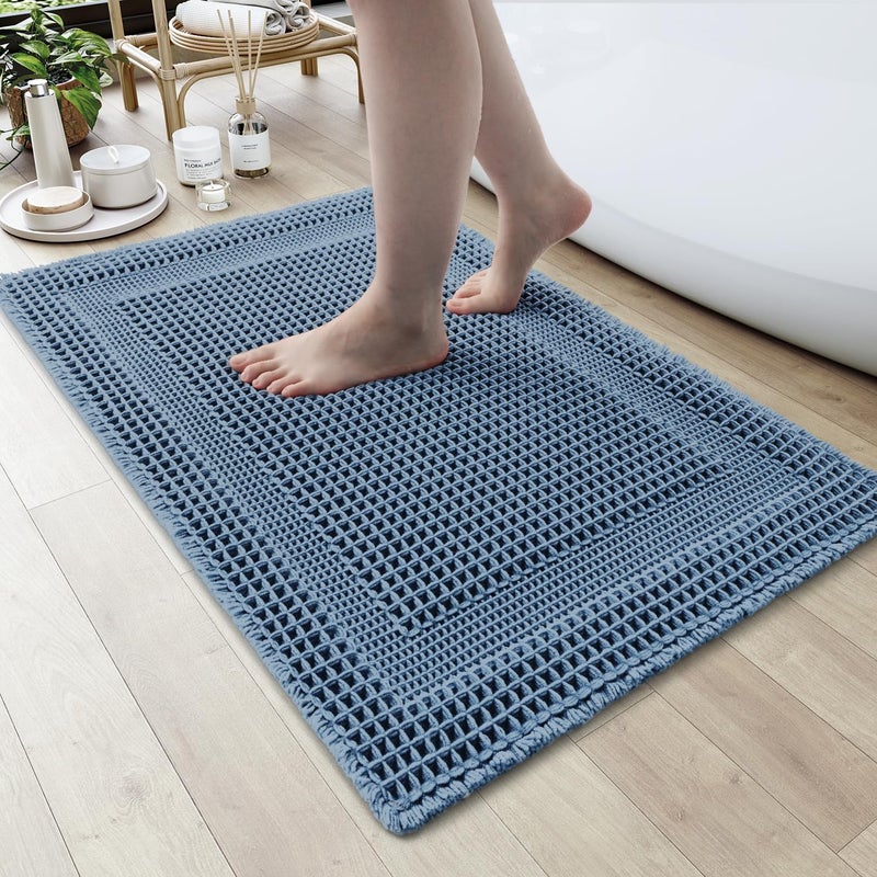 AMOAMI Waffle Bath-Mat, Absorbent Bath Mats for Bathroom Non Slip, Machine Washable Bathroom Rugs with Tassels Ultra Soft Boho Bath Rugs for Floor 17"x24" Blue - Image 1