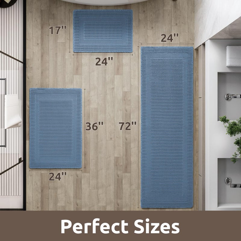 AMOAMI Waffle Bath-Mat, Absorbent Bath Mats for Bathroom Non Slip, Machine Washable Bathroom Rugs with Tassels Ultra Soft Boho Bath Rugs for Floor 17"x24" Blue - Image 2