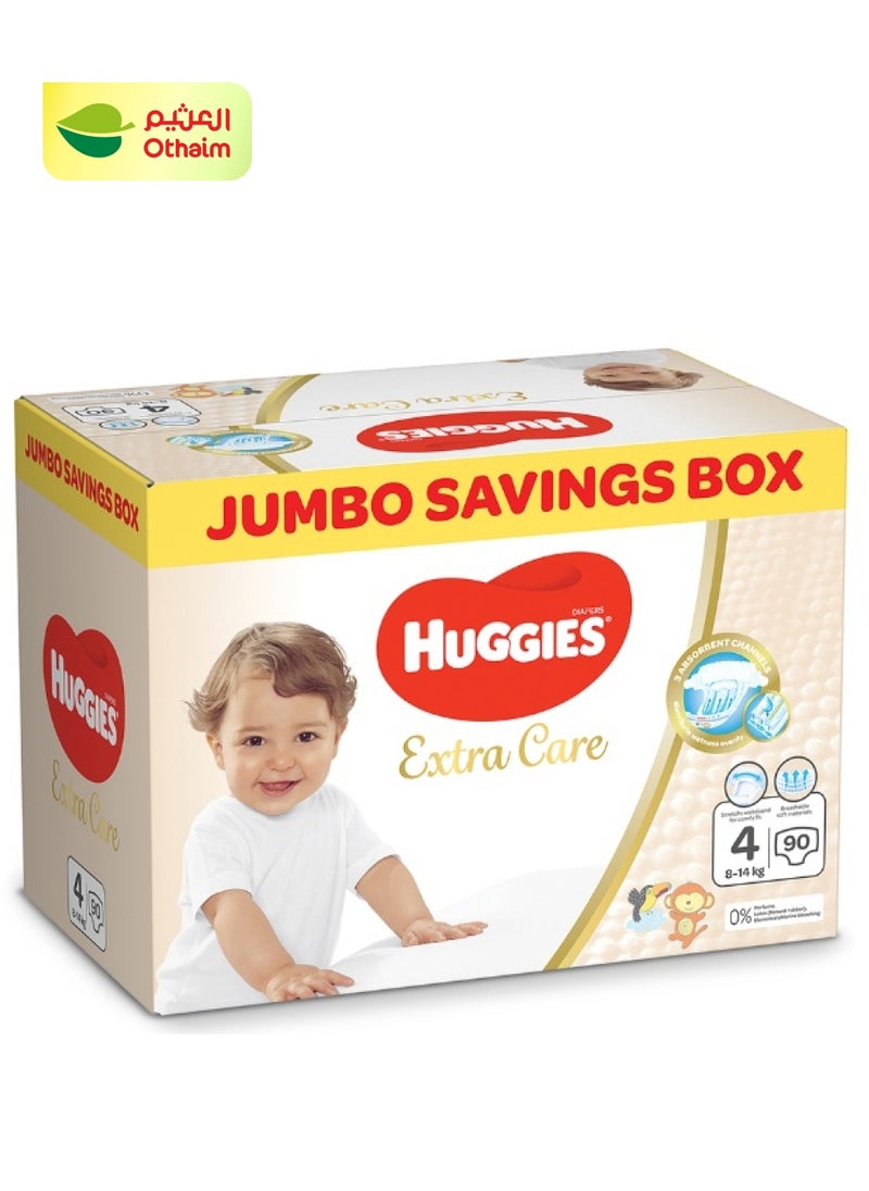 Huggies Extra Care Diapers Jumbo Pack, Size 4, 8 - 14 kg, 90 Diapers 