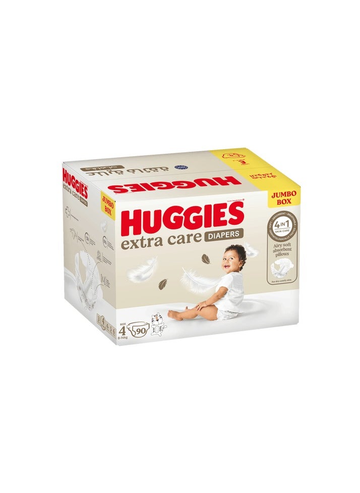 Huggies Extra Care Diapers Jumbo Pack, Size 4, 8 - 14 kg, 90 Diapers 