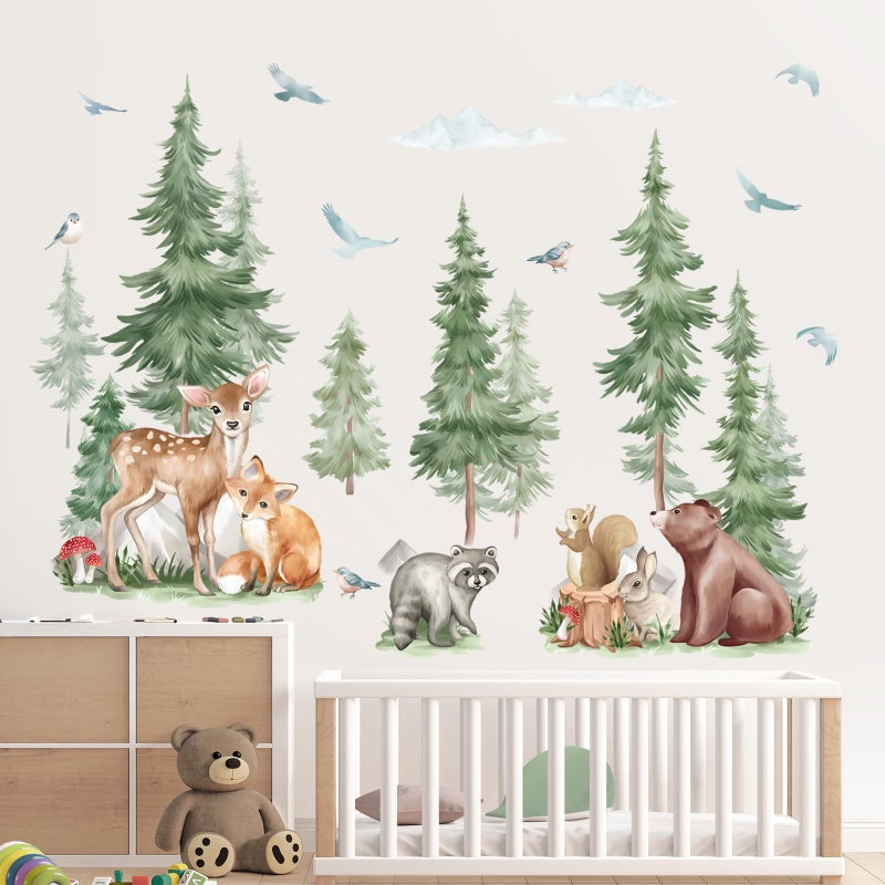wondever Mountain Tree Wall Stickers Large Pine Tree Forest Animal Bear Fox Peel and Stick Wall Art Decals for Kids Room Baby Nursery Bedroom - Image 2