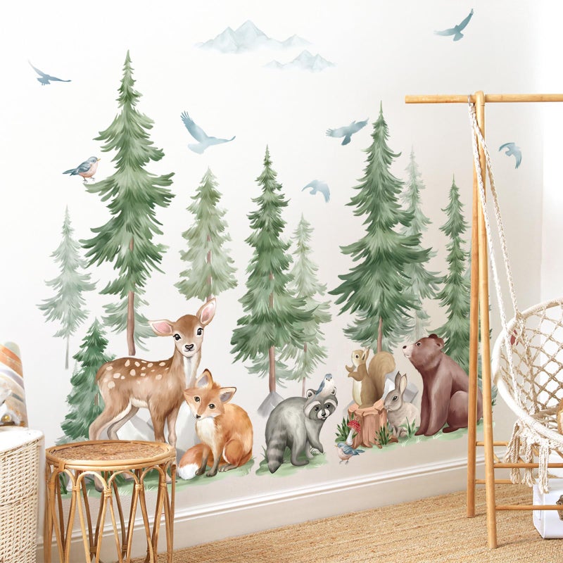 wondever Mountain Tree Wall Stickers Large Pine Tree Forest Animal Bear Fox Peel and Stick Wall Art Decals for Kids Room Baby Nursery Bedroom - Image 1