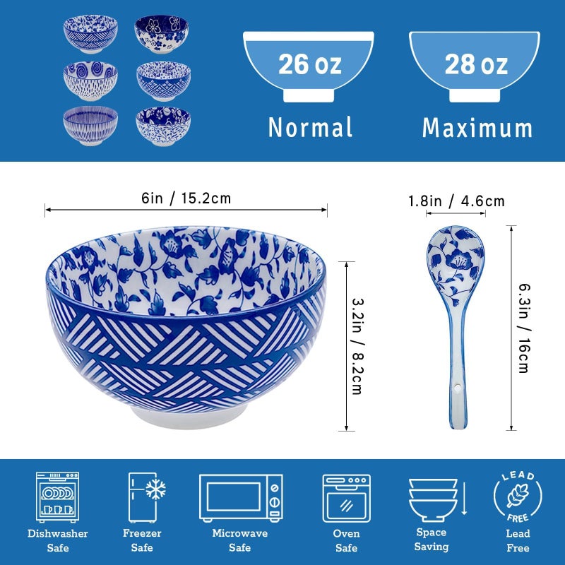 KeQiu Japanese Ceramic Bowls Set of 6, 28 Oz Large Asian Porcelain Ramen Soup Salad Cereal Noodle Bowl with 6 Spoons, Deep Bowl for Kitchen Decor and Housewarming Gift, Dishwasher & Microwave Safe - Image 3