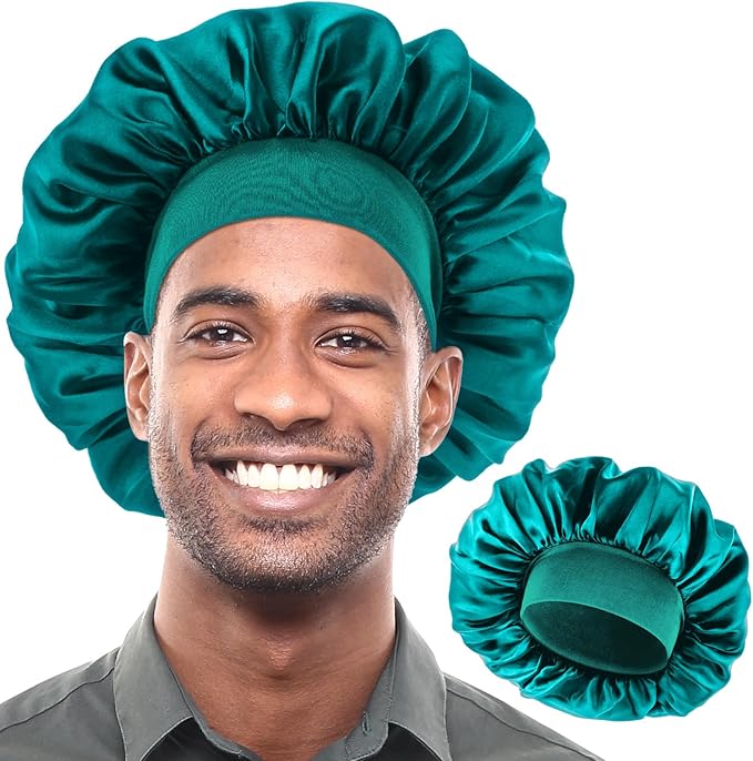 COMNICO Bonnet for Men Silk Satin Sleep Cap Single Layer Elastic Band Stretchy Tie Band Wide Soft Adjustable Hair Cap Large Silk Bonnets for Women Curly Hair Sleeping Black - Image 1