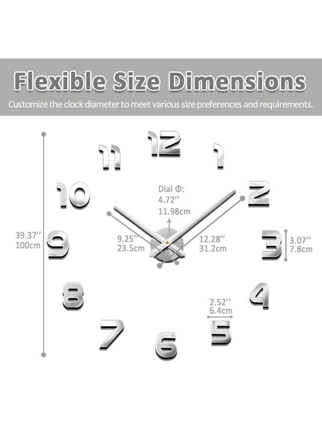 Mintime (فضي-012) - ساعة حائط 3D كبيرة بدون إطار DIY ملصقات مرآة صامتة لتزيين المنزل والمكتب والمدرسة (ضمان لمدة سنتين) - Image 5