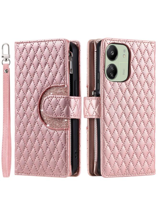 Case For Xiaomi Redmi 13R Glitter Lattice Zipper Wallet Leather Phone Case