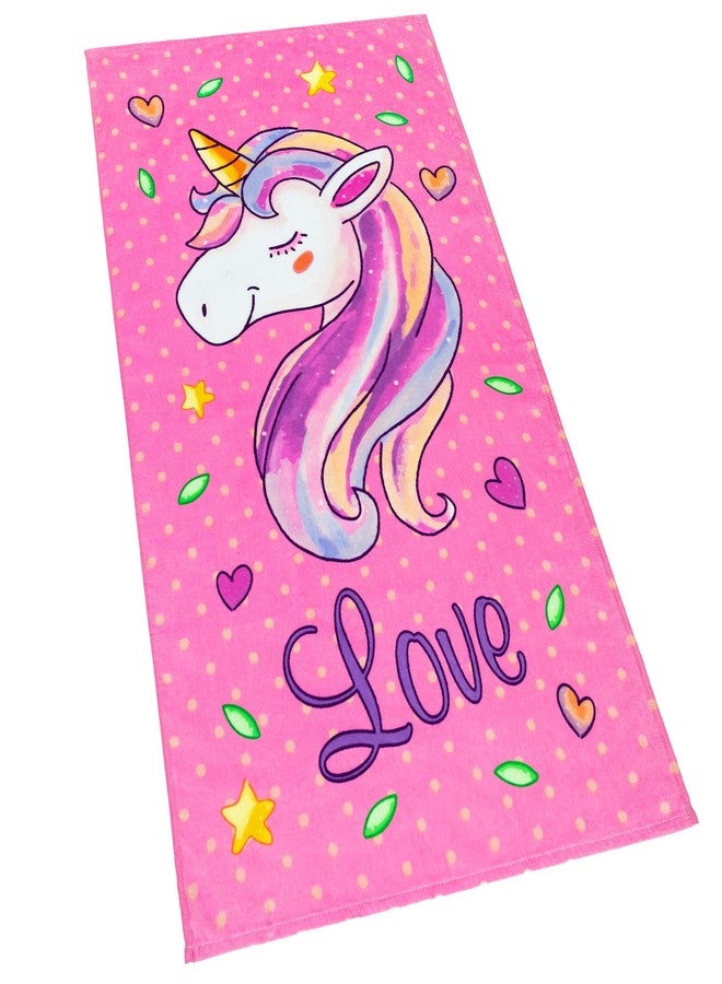 Softerry Love Unicorn and Stars Velour Beach Towel for Kids 28in x 51in 100% Cotton Pink - Image 1