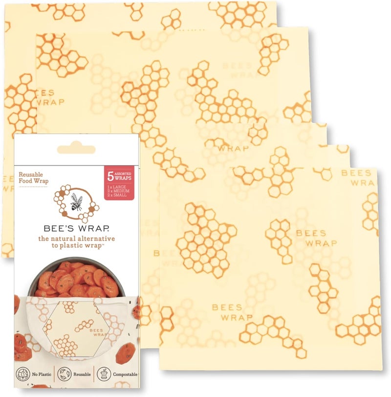 Bee's Wrap Beeswax Wraps for Food - Made in USA Reusable & Organic Food Wraps & Bowl Covers - Eco-Friendly Alternative to Aluminum Foil & Plastic Wrap, Honeycomb 5 Pack (2L, 3M) - Image 1