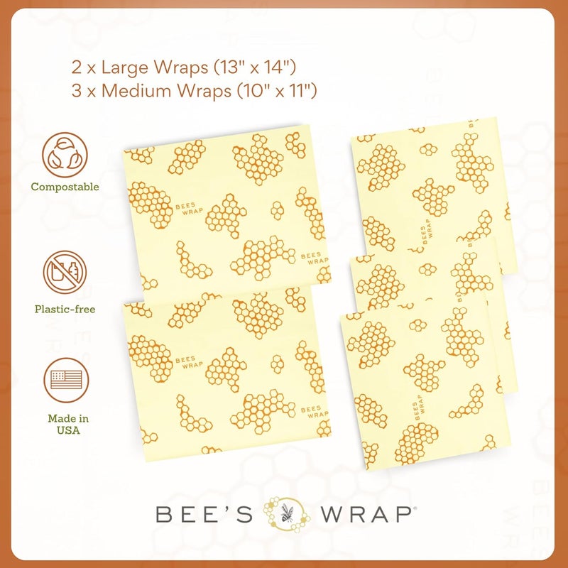 Bee's Wrap Beeswax Wraps for Food - Made in USA Reusable & Organic Food Wraps & Bowl Covers - Eco-Friendly Alternative to Aluminum Foil & Plastic Wrap, Honeycomb 5 Pack (2L, 3M) - Image 4