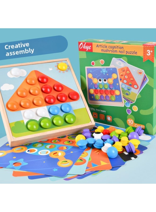 Supply Wooden Colorful Large Particle Button Patch Mushroom Nail Cartoon Animal Cognitive Diy Puzzle Toy-Color:OK-Mushroom Spelling  - Image 3