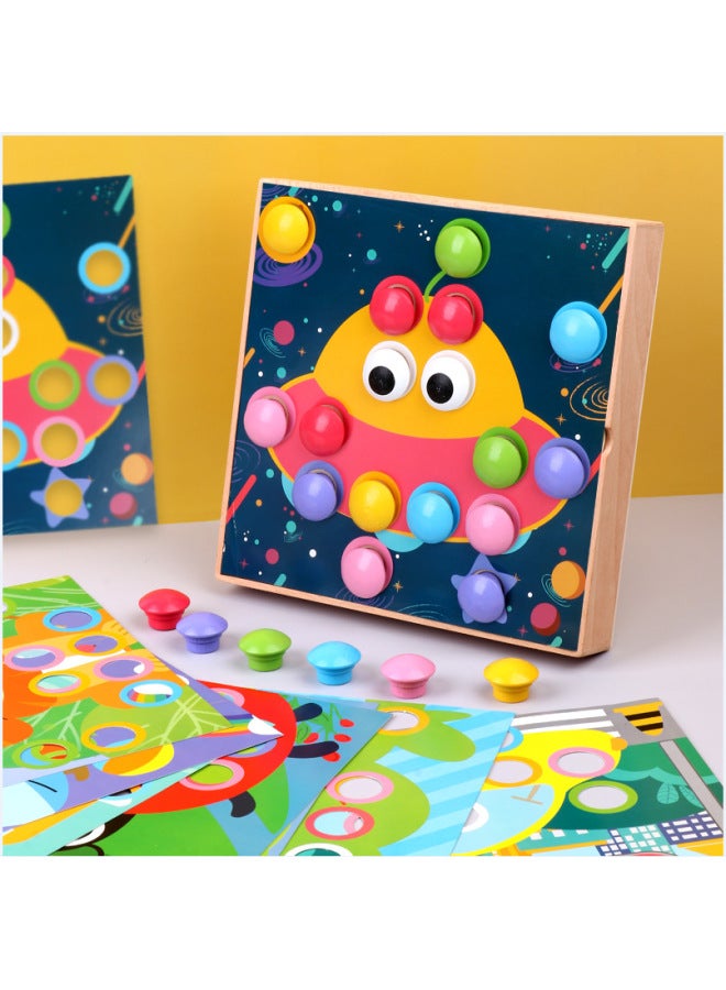 Supply Wooden Colorful Large Particle Button Patch Mushroom Nail Cartoon Animal Cognitive Diy Puzzle Toy-Color:OK-Mushroom Spelling  - Image 1