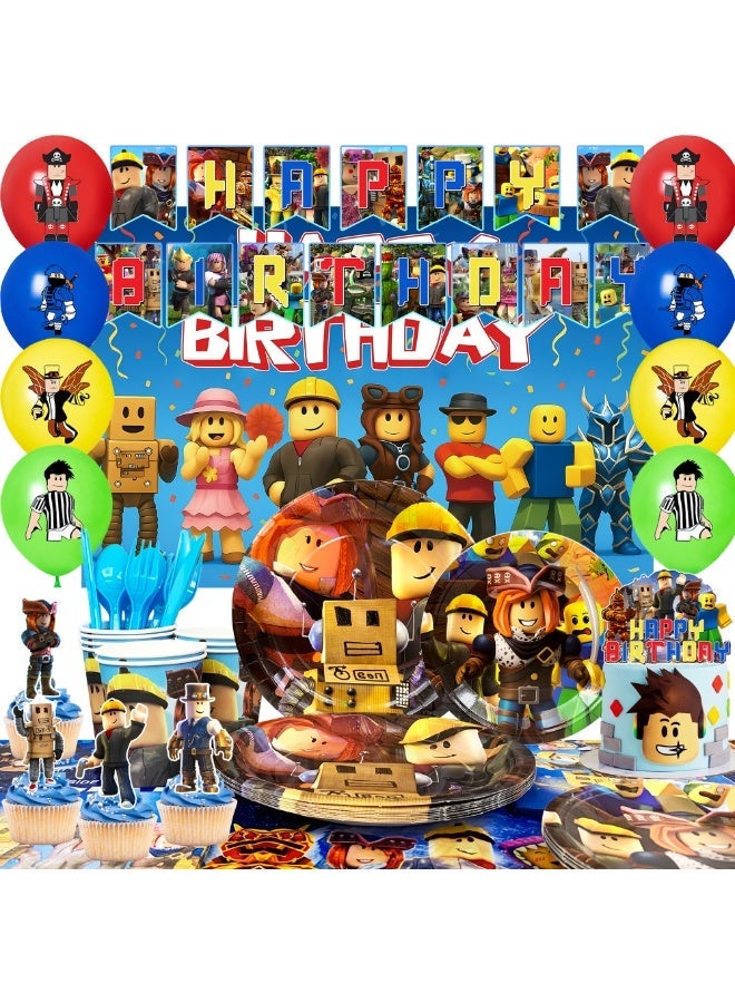 ILovhaprty Roblox Birthday Party Decorations for 10 Guests, 112pcs Roblox Party Tableware Set - Roblox Party Backdrop Balloon Banner Tablecloth Cake Toppers etc Roblox Party Decoration Supplies - Image 1