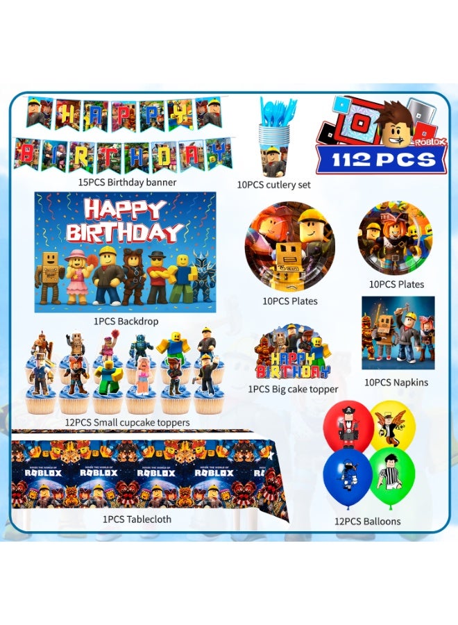ILovhaprty Roblox Birthday Party Decorations for 10 Guests, 112pcs Roblox Party Tableware Set - Roblox Party Backdrop Balloon Banner Tablecloth Cake Toppers etc Roblox Party Decoration Supplies - Image 3