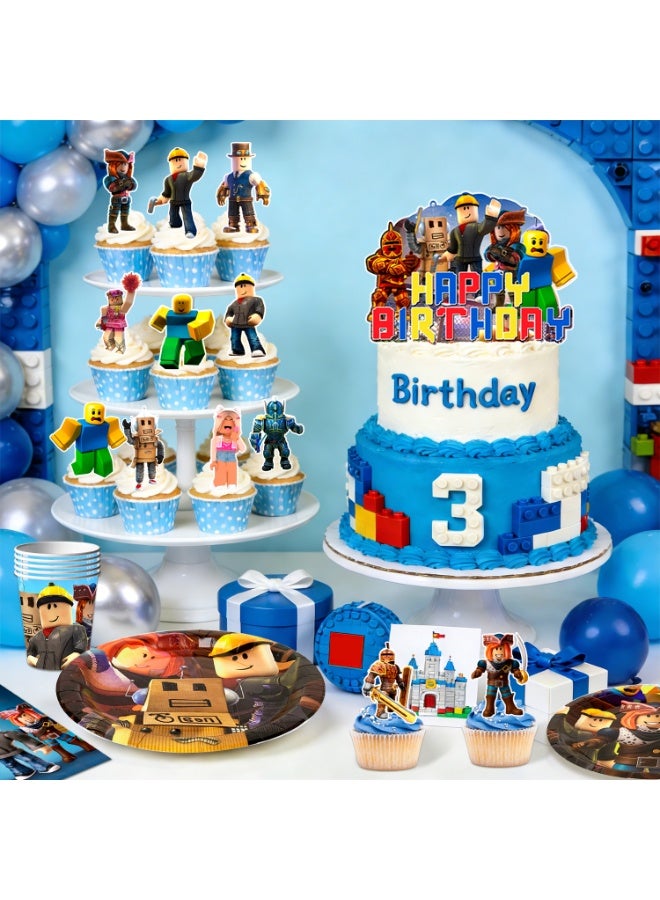 ILovhaprty Roblox Birthday Party Decorations for 10 Guests, 112pcs Roblox Party Tableware Set - Roblox Party Backdrop Balloon Banner Tablecloth Cake Toppers etc Roblox Party Decoration Supplies - Image 4